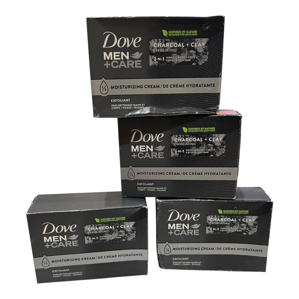 Dove Men+Care Charcoal + Clay Lot of 4 Exfoliating Bars 3 in 1 Hand, Body & Face